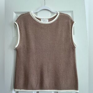 Brown Sleeveless Knit Top with White Trim
